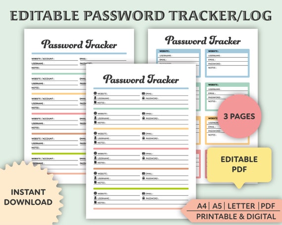 Editable Password Tracker Printable Password Log Password - Etsy