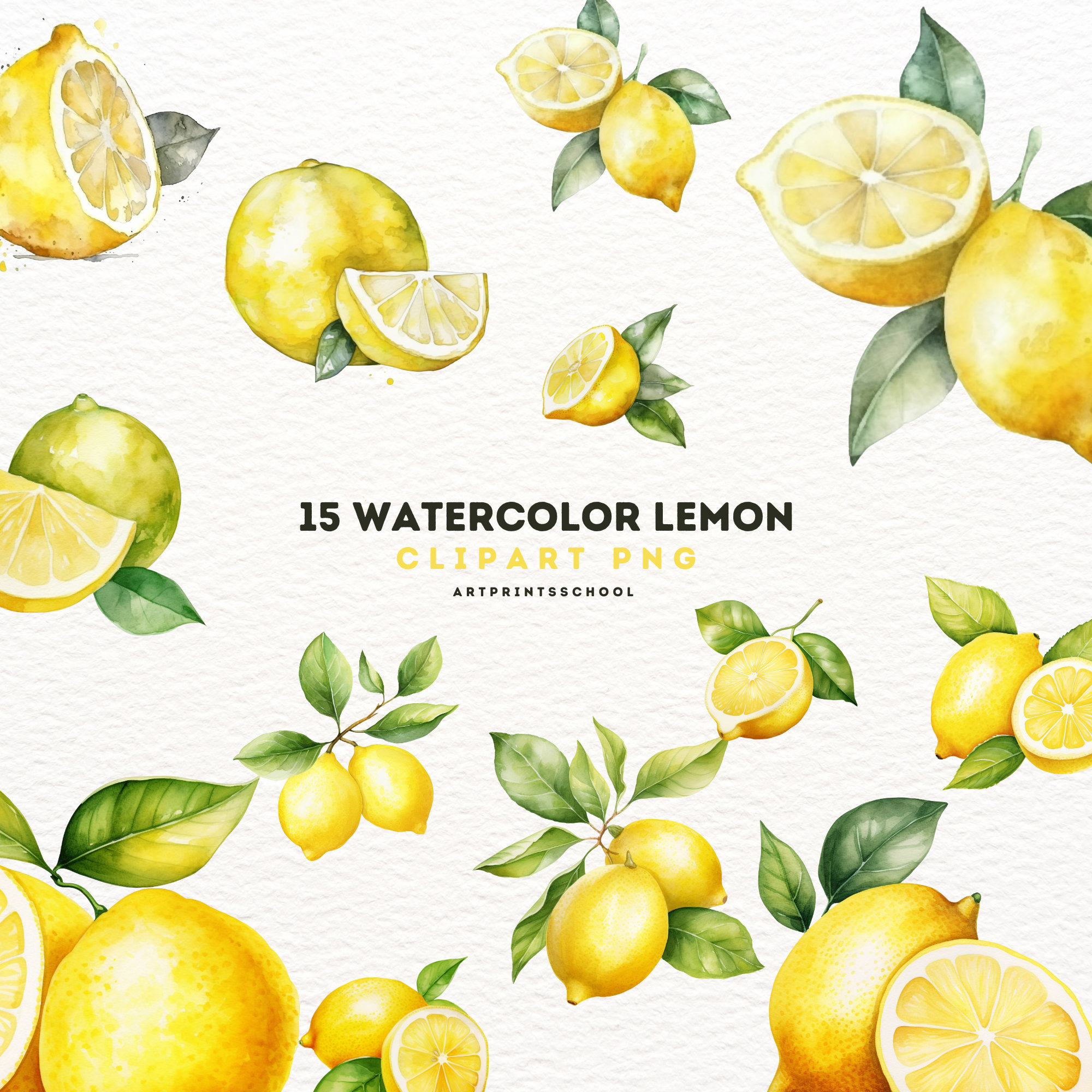 Watercolor Lemon Clipart: Floral Wreath & Twigs (PNG Digital Download)