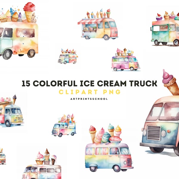 Ice Cream Truck - Ice Cream Clip Art - 15 Watercolor Ice Cream Truck - Sublimation download - PNG File - Instant download