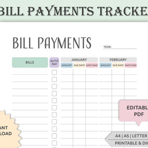 Editable Bill Payment Tracker: Monthly, Yearly (Printable, Digital)
