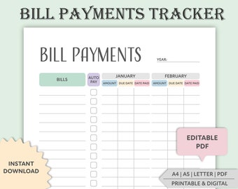 Editable Bill Payment Tracker, Monthly Bill Tracker, Yearly Bill Planner, Fillable Bill Planner, Bill Payment Checklist, Printable, Digital