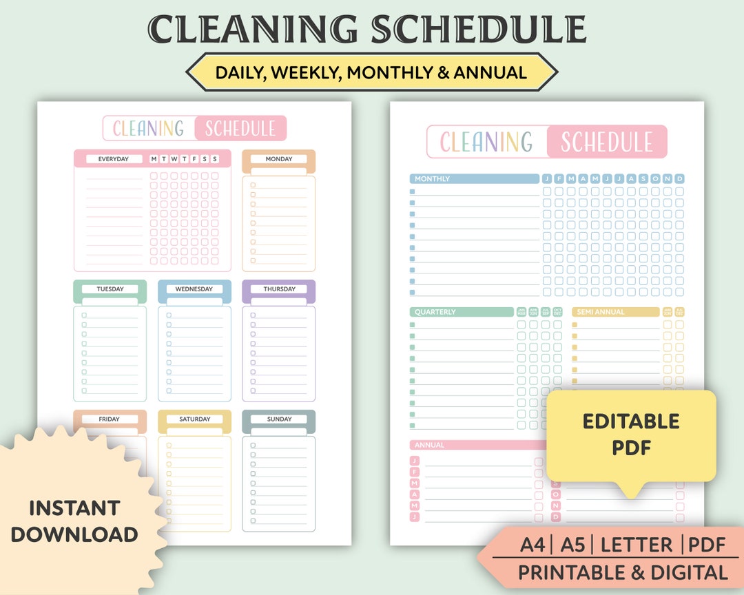 Editable Cleaning Schedule, Printable, Weekly, Monthly, Yearly Cleaning ...