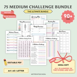 Editable 75 Medium Challenge Tracker Bundle, Printable, Daily 75 Medium Challenge journal, 75 Day Challenge, Habit Tracker, Digital Tracker