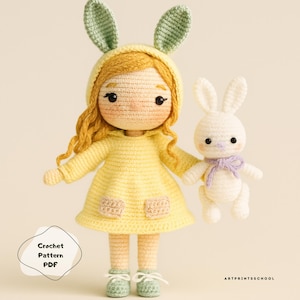 Bunny Girl Crochet Doll Pattern PDF: Amigurumi Hooded Dress & Plush