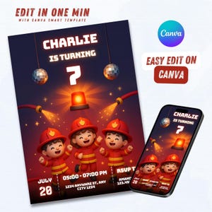 Modelo de convite de aniversário infantil com tema de bombeiro 3D – Cartão de festa de dança disco editável do Canva – Download digital