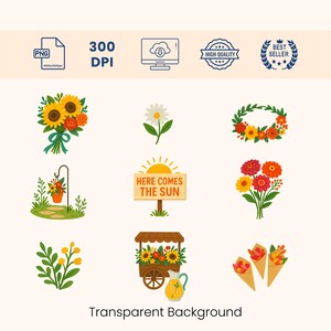 Sommer Hochzeit Blumen PNG Clipart | Lebhaftes Blumensticker Set mit Sonnenblumen und Gänseblümchen | Garten Hochzeit Clip Art Pack