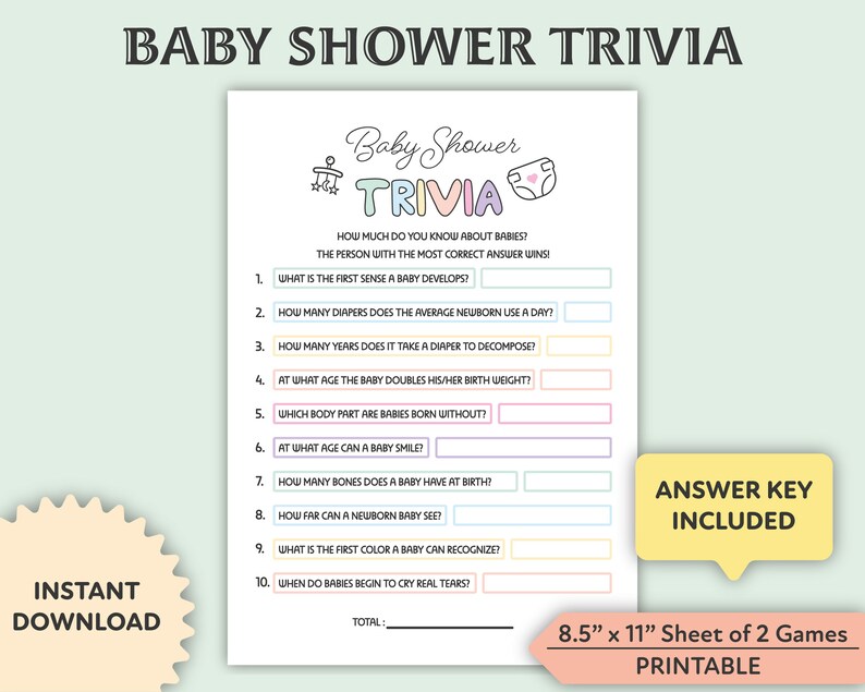 Baby Shower Trivia Printable Baby Shower Game Simple Etsy