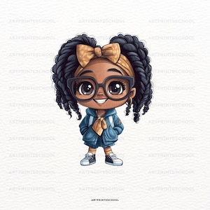 Clipart de fille noire mignonne Chibi | Clipart afro-américain | Png transparent | Filles chibi déco noires mignonnes | fille à la mode