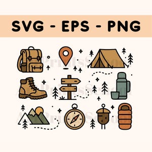 Weekend avontuur Svg Clipart Set | SVG-, EPS-, PNG-bestanden | Op de natuur geïnspireerde doodle-afbeeldingen voor wandelen en kamperen