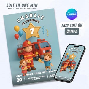 Modelo de convite de aniversário de bombeiro 3D para crianças, design editável do Canva com caminhão de bombeiro, balões, distintivo de herói e opção de download digital
