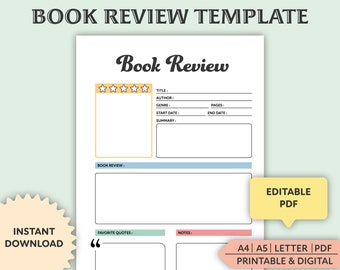 Editaple Book Review, Printable, Book Review Template, Goodnotes Book Review, Book Lovers, Book Reader Inserts, Digital, PDF