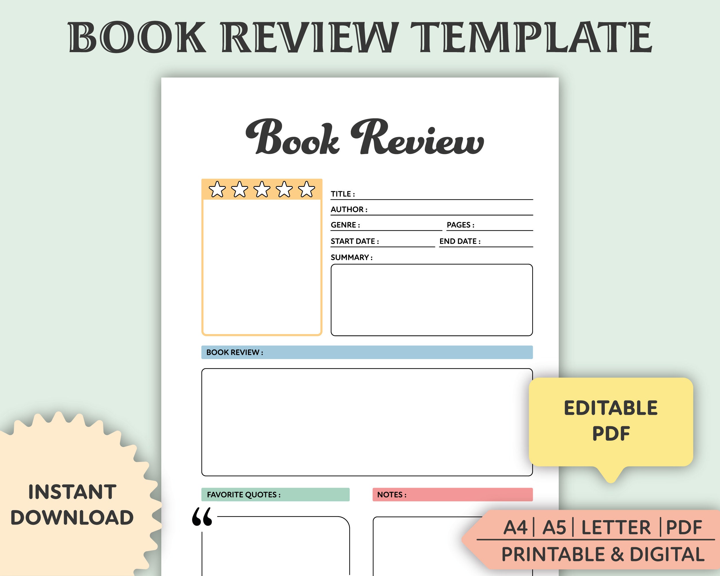 Book Review Template, Printable Reading Journal, Book Review Planner,  Reading Tracker, Avid Readers Book Worm, Book Review Journal Printable 