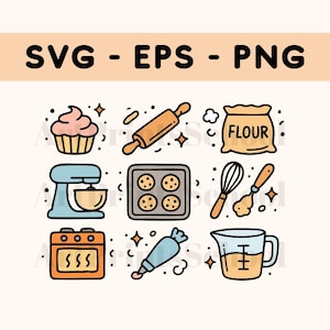 May include: A set of nine colorful cartoon illustrations of baking supplies, including a cupcake, rolling pin, bag of flour, mixer, cookie sheet, whisk, spatula, piping bag, and measuring cup.