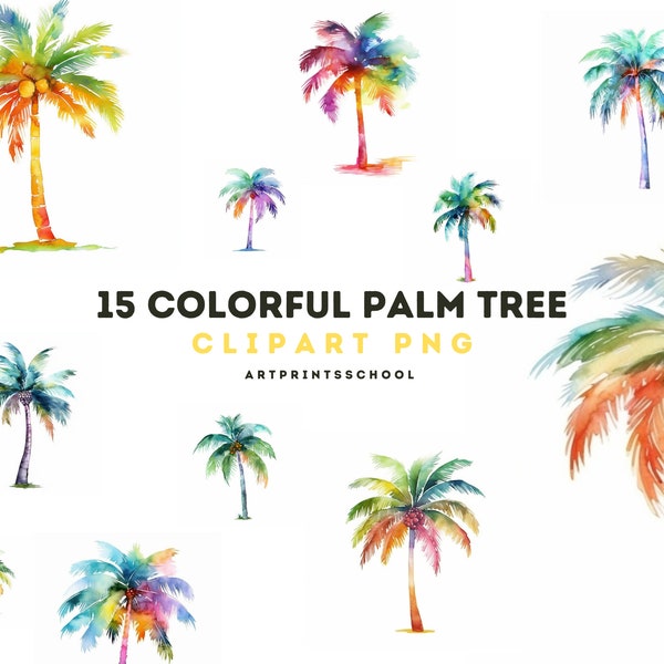 Colorful Palm Tree Clipart, Tropical Illustration, Digital Planner, Junk Journal, Watercolor Art, Wall Art, Commercial Use, Digital Download
