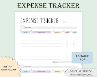 Editable Expense Tracker, Monthly Expense Tracker, Printable Expense Log, Expense Sheet, Expense Log iPad, PDF, Digital