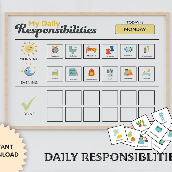 Kids Daily Responsibilities Chart, Printable, Chore Chart For Kids, Daily Routine, Morning/Evening Checklist, Daily Task List, Chore Cards