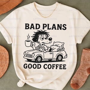 Bad Plans Good Coffee PNG, Funny Dog Driving T-Shirt Design, Coffee Lover Sublimation, Retro Cartoon PNG, Morning Humor, Digital Download