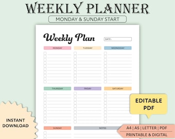 Planificador semanal editable / Descarga digital / Organizador de agenda imprimible