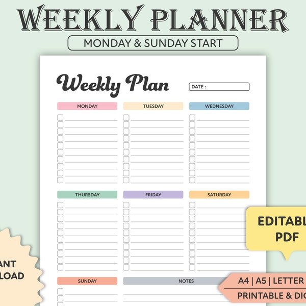 Editable Weekly Planner, Digital, Printable Weekly Planner PDF, Weekly Organizer, Weekly To Do List Template, Weekly Checklist