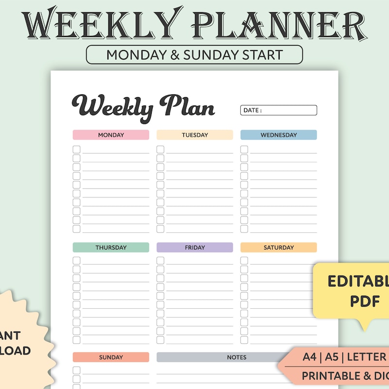Printable Weekly Planner Etsy