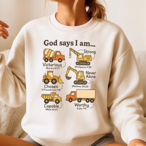 God Says I Am PNG, Christian Kids Construction Bible Shirt Design, Faith Based Truck Clipart, Religious Sunday School Toddler Graphic
