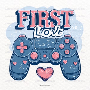 Primer amor gamer San Valentín PNG, clipart de San Valentín, sublimación de juegos, diseño de sublimación, clipart de juego lindo, descarga digital del Día de San Valentín