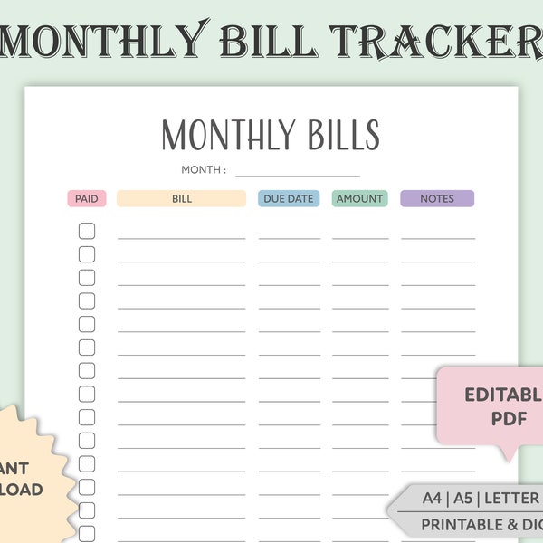 Editable Monthly Bill Tracker, Monthly Bill Log, Fillable Bill Planner, Bill Payment Checklist, Bill Payment Tracker, Printable, Digital