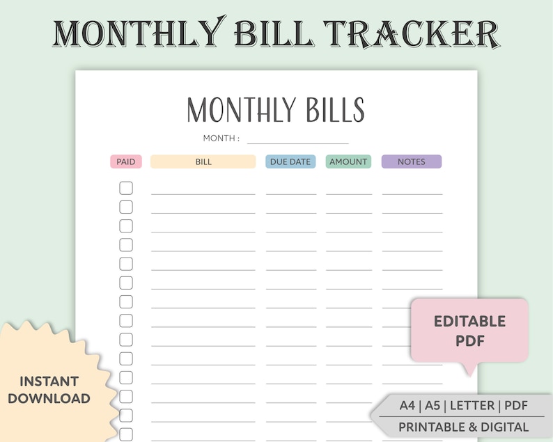 Editable Monthly Bill Tracker, Monthly Bill Log, Fillable Bill Planner, Bill Payment Checklist, Bill Payment Tracker, Printable, Digital