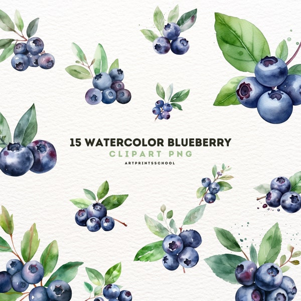 Blueberries Clipart Bundle - Watercolor Clipart, 15 PNG Images of Refreshing Summer Berry Sweet Delights, Digital Download, Commercial Use