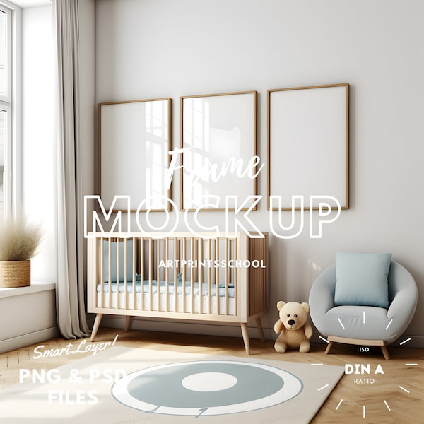 Three Nursery Wall Art Mockup Frame, DIN A Ratio, 3 vertical frame, Nursery room mockup, Boho Kids room mockup, Baby room mockup, Natural