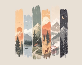 May include: A digital art print featuring six vertical brushstroke panels depicting mountain landscapes. Scenes include a sunset, a lake with a boat, a cabin in the woods, a deer, and a night sky with a crescent moon. Text reads ArtPrintSchool.