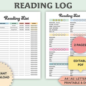 Editable Reading Log, Printable, Reading Journal, Book Log, Kids and Adults Reading Log, Reading Tracker, Reading Challenge, PDF