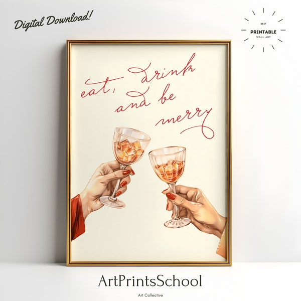Christmas Cheers Wall Art | Bar Cart Print | Christmas Decor, Cheers Print | Eat Drink and be Merry Sign | Christmas Wall Art, Digital Print