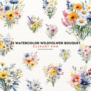 Wildflower Bouquet Clipart - 15 Watercolor High Quality PNG, Junk Journal, Scrapbooks, Digital Planners, Commercial Use, Digital Download