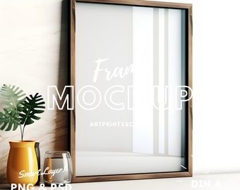 Maquette de cadre vertical DIN A | Affiche avec cadre, décoration d'intérieur bohème minimaliste, PSD, A4, cadre PSD en bois, impressions et oeuvres d'art, impression d'art