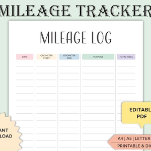 Editable Mileage Log: Printable Vehicle Miles Tracker (A4, A5, Letter PDF)