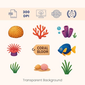 May include: A set of colorful coral reef illustrations, including coral, sea anemones, a fish, seaweed, and a seashell. The illustrations are on a transparent background.