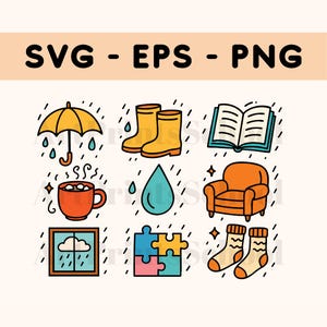 Conjunto de imágenes prediseñadas SVG de actividades para días lluviosos / Archivos SVG, EPS y PNG / Gráficos de garabatos acogedores para proyectos de comodidad y diversión en interiores