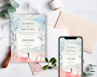 Wedding Invitation, Watercolor and Minimalist Electronic Invite, Smartphone Invite, Watercolor Digital Template, Mobile, Digital Download