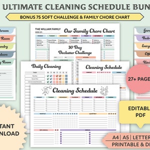 Editable Cleaning Schedule Bundle, Printable, Weekly, Monthly, Yearly Cleaning Checklist, Cleaning Planner, Family Chore Chart List, Digital