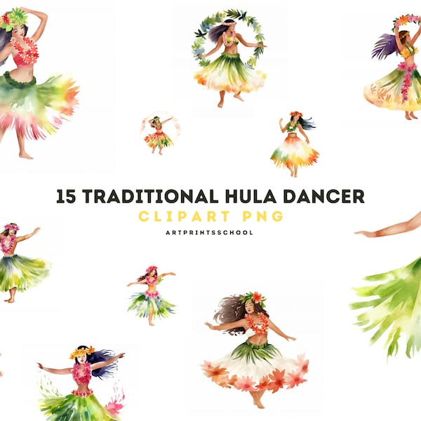 Hawaiian People Hula Dancer, Tropical Island People Dancing, Watercolor Clipart Bundle, HQ Printable PNG format instant download