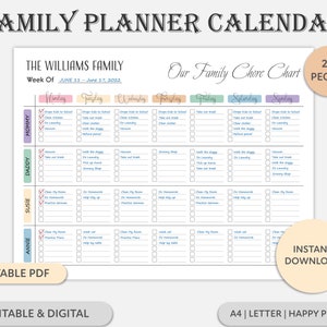 Editable Family Chore Chart,  Weekly Family Calendar Printable, Family Planner Calendar, Family Activities, Chore Chart Template