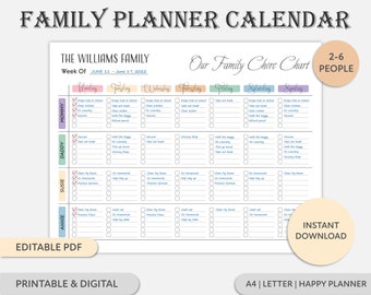 Editable Family Chore Chart: Weekly Planner Calendar (PDF)