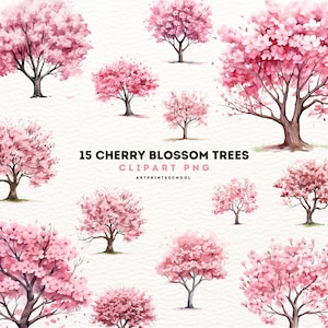 Cherry Blossom Tree Clipart, 15 Watercolor Cherry Blossom Tree Clipart PNG, Memory Book, Junk Journal, Scrapbook, Commercial Use, Digital