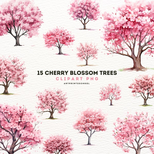 Kirschblüten Baum Clipart, 15 Aquarell Kirschblüten Baum Clipart PNG, Memory Buch, Junk Journal, Scrapbook, Kommerzielle Nutzung, Digital