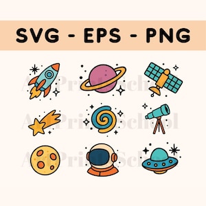 Space Exploration Svg Clipart Set | SVG, EPS, PNG Files | Vibrant Doodle Style Galaxy Elements for Kids and Cosmic Projects