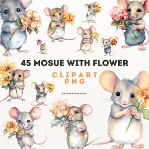 Mouse With Flower Clipart, 45 High Quality Cute Mouse Clipart, Digital Download, Fairytale Mice PNG,,Cute Mice Nursery Art, Paper Crafts