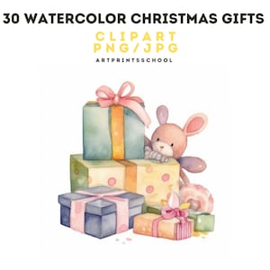 Imágenes prediseñadas de regalos de Navidad en acuarela - Gráficos festivos para manualidades y diseño, Navidad PNG y JPG, Descarga digital, Arte lindo