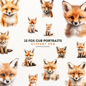 Fox Cubs Portraits Clipart, 15 acuarela PNG de alta calidad, paquete de zorros, Fox PNG, lindo retrato de Fox Cub / Descarga digital / Uso comercial
