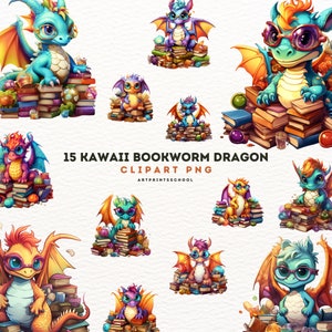 Kawaii Bookworn Dragons Clipart Bundle - 15 Magical Fairytale Illustrations, Cute Storybook, PNG, Instant Digital Download, Commercial Use